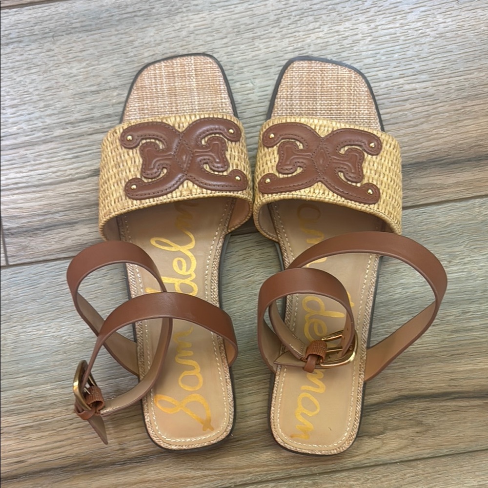 Sam Edelman Brown and Tan Raffia and Leather Flat Sandals with Ankle Strap, Logo